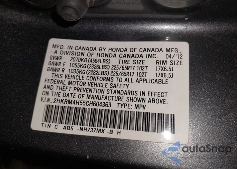 2012 Honda Cr-V Ex z USA, uszkodzony, nr VIN 2HKRM4H55CH604363